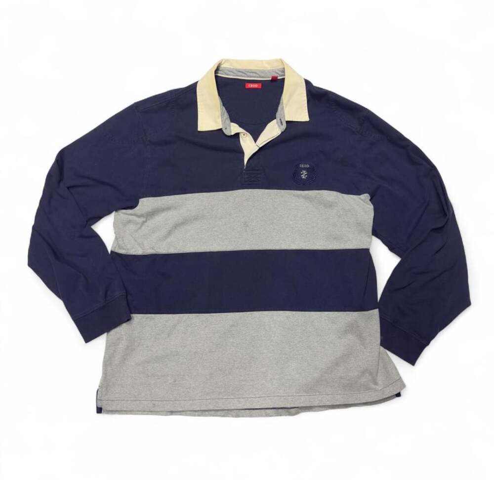 IZOD Long Sleeve Rugby Shirt Blue Grey Striped Polo